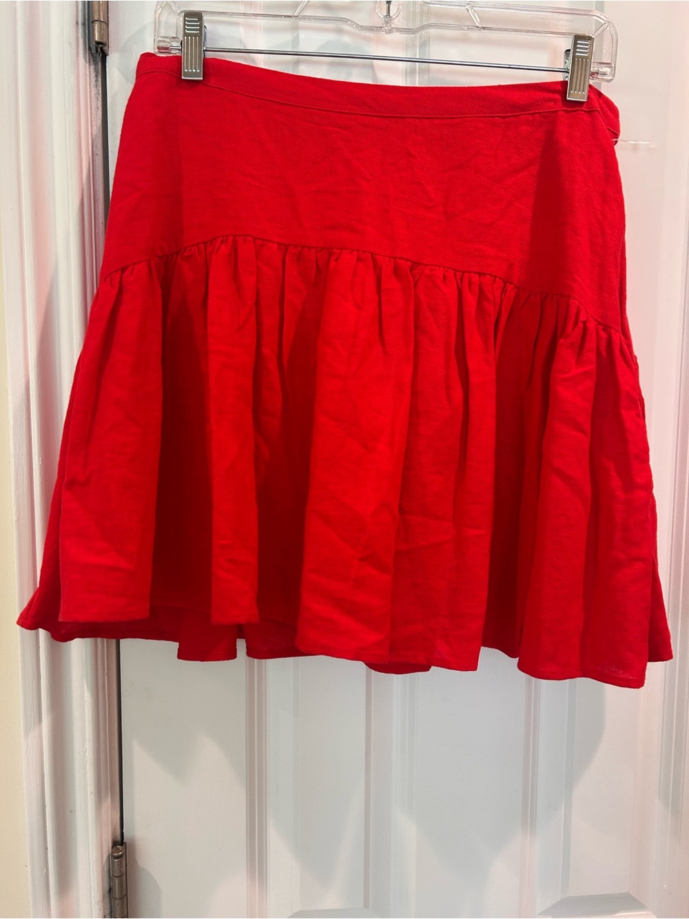 New Avec Les Filles Red Linen Blend Tiered Mini Skirt Flowy A-Line Ruffle Hem 2 - Picture 6 of 7